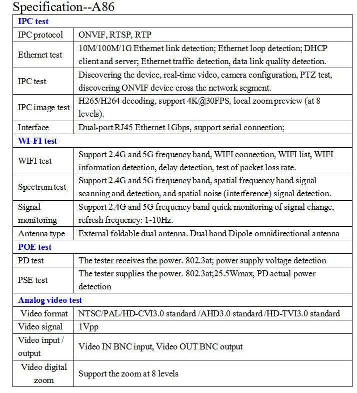 DT-A86 7Inch H.265 4K IP camera tester 8MP TVI CVI 5MP AHD CVBS CCTV Tester Monitor POE ONVIF RJ45 cable TDR test HDMI Input