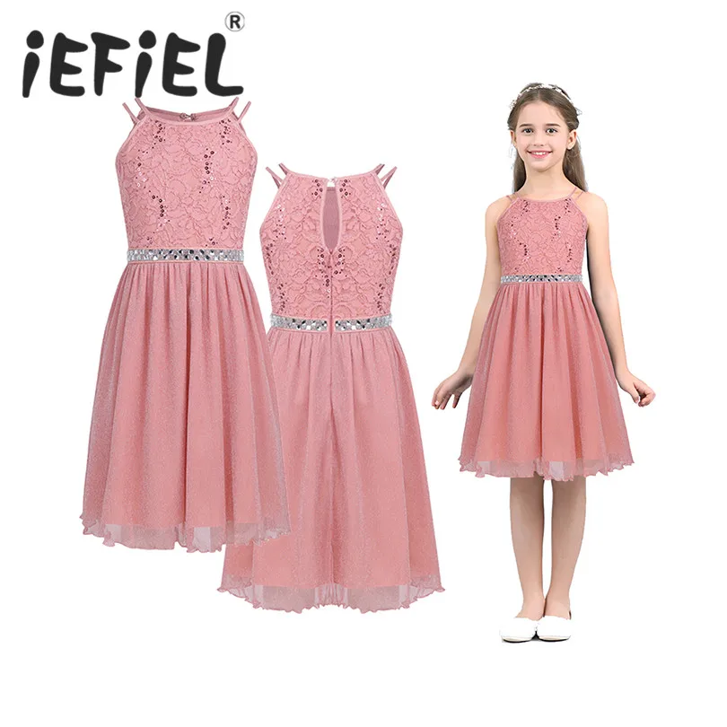 

iEFiEL Cute Flower Girls Dress Sleeveless Sequined Floral Lace Shiny Dress Children Kids First Communion Party Summer Dresses