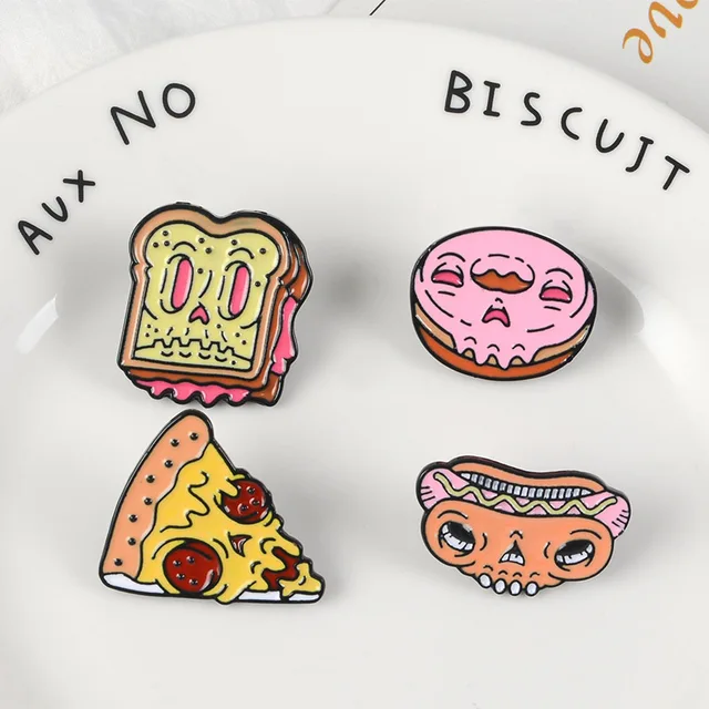 Special Offers Zombie Face Fast Food Skeleton Pins Donut Doughnut Hot dog Pizza Donut Toast and Skull Brooches Funny Badges Lapel pins Backpins