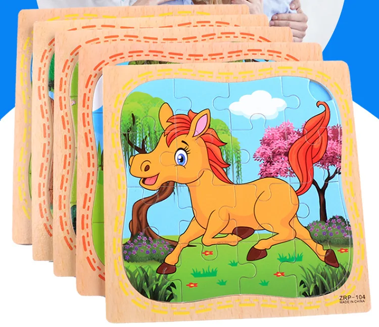 Новый 16-кусок головоломки мультфильм животных автомобилей деревянный Паззлы образования детей Игрушечные лошадки