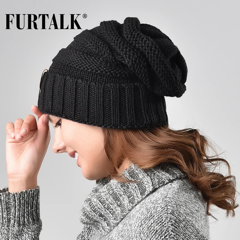FURTALK зимняя вязаная шапка женская мешковатая шапка бини для девочек Skullies cap A047