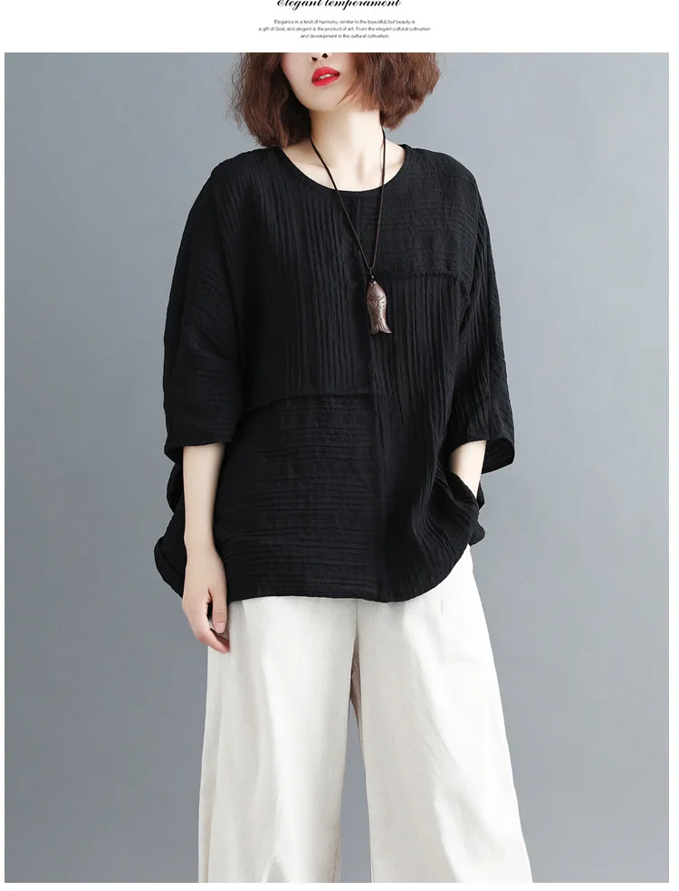 LZJN Summer Women Fashion Shirt Solid White Black Color Oversize Loose Tops Batwing Sleeve Casual Cotton Linen Blouse Plus Size (18)