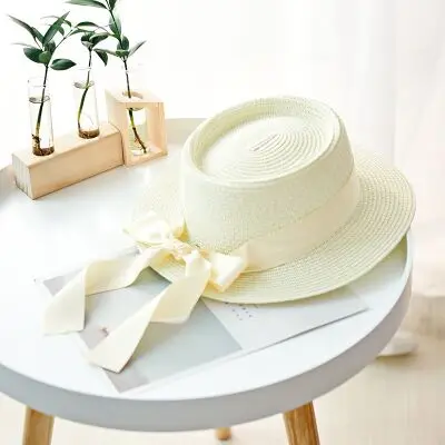 Панама летняя шляпа от солнца для женщин модная плоская шляпа с лентой пляжная соломенная шляпа для женщин Дорожная Кепка с защитой от УФ - Цвет: milk white