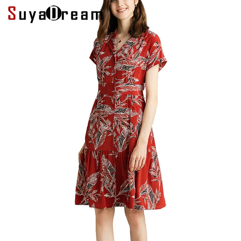 

Women Silk Dress 100%REAL SILK CREPE Red Printed Dressed Bat Sleeved Slim Waist Dresses 2019 Summer Knee Length Dresses
