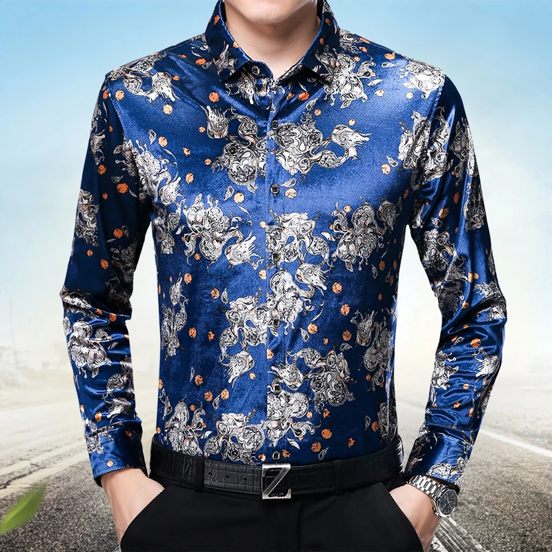 Mens gold velvet dress shirts high quality autumn & winter floral