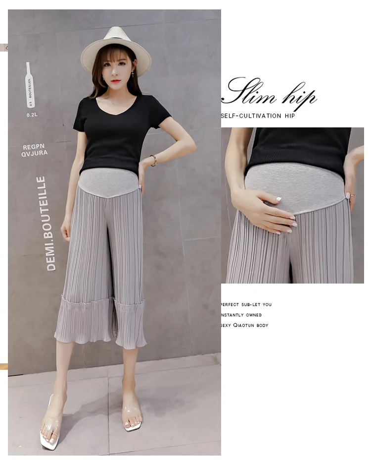 Korean version of chiffon wide leg pants pleated nine points wide leg pants loose casual pants pleated stomach lift pants