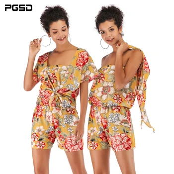 

PGSD 2019 New Spring summer Fashion women clothes boat neck Flower Printed Chiffon Short-sleeve Elastic Waist shorts suit female
