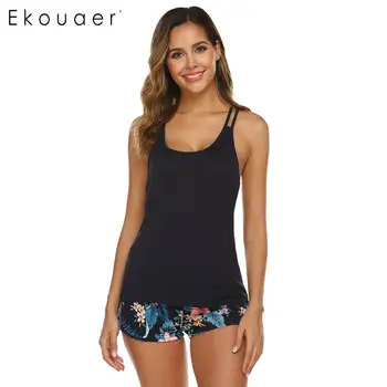 Ekouaer Sexy Sunmer Pajamas Set Women Lounge Sleepwear Sleeveless Cami Tops Print Shorts Pant Pajama Nightwear Set bow print wrap pajama set