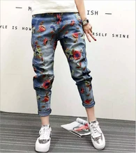 Pantalones Де Mujer 2016 Европейский стиль Дамы Хлопок Джинсовые Брюки Личности Мерное Цветы Печати Свободные Брюки A-145