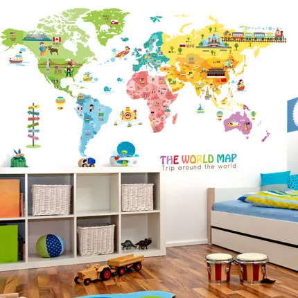 Cartoon Animal Map Home Decoration Vinyl Wall Stickers DIY 95*195CM World Map Kids Room Poster