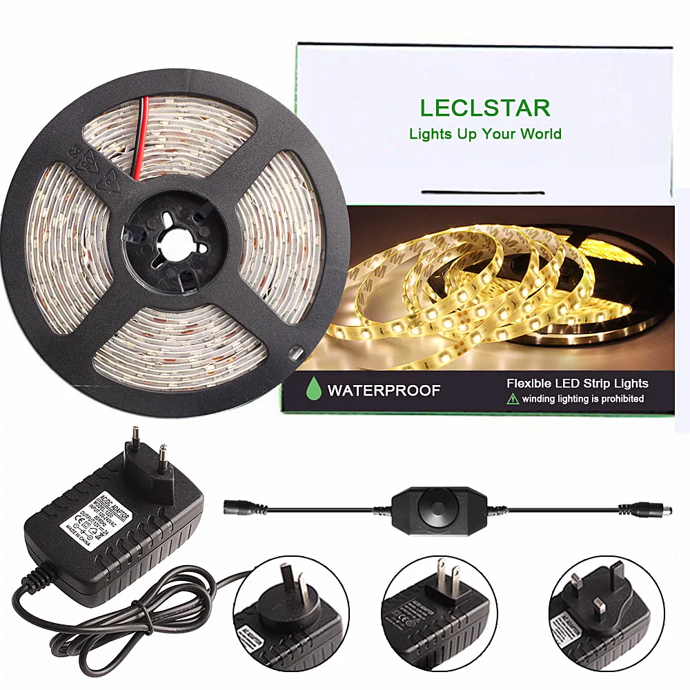 

2835 LED Strip Dimmable Waterproof 5M 300LED 12V Tira LED Tape Flexible Neon Light Warm White 2A Power Dimmer for Led Lamp 220V