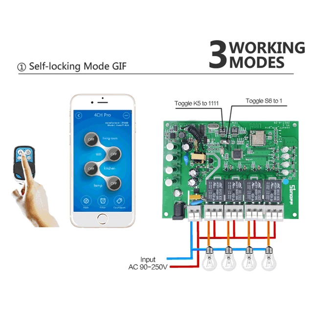 Sonoff 4CH Pro R2 Smart Home RF Light 4 Gang 3 Working Modes Inching Interlock  Home Automation Control WIFI Smart Switch