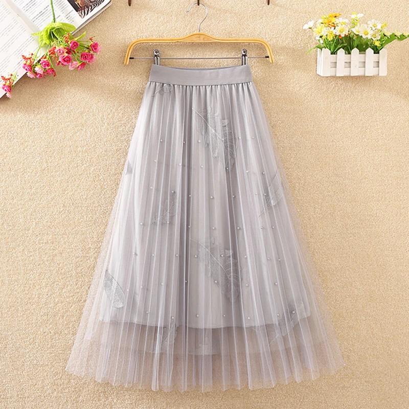 

New 2019 Floral Embroidery A-line Tutu Lace Mesh Skirt Women Elegant Tulle Long Pleated Skirt Women Midi Skirt Summer Hot Sale