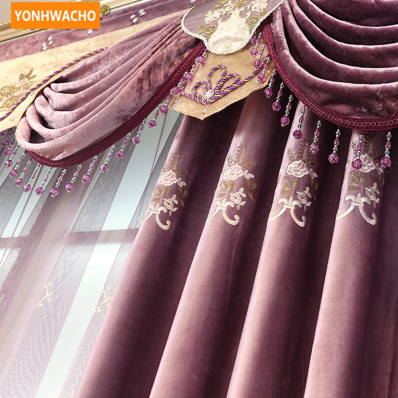 Пользовательские шторы высокого качества Роскошные Франции вышивка Толстая синель фиолетовый ткань затемнение Тюль балдахин драпировка N762