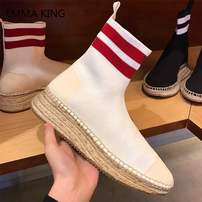 

Women Knitted Stretch Sock Boots High Top Thick Sole 3 cm Fashion Elastic Platform Casual Flats Black White Female Shoes
