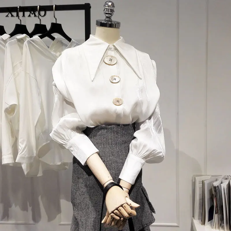 

XITAO Vintage Chiffon Blouse Women Korea Fashion New Turn Down Collar Single Breasted Pleated Wild Joker Street Style WLD2301