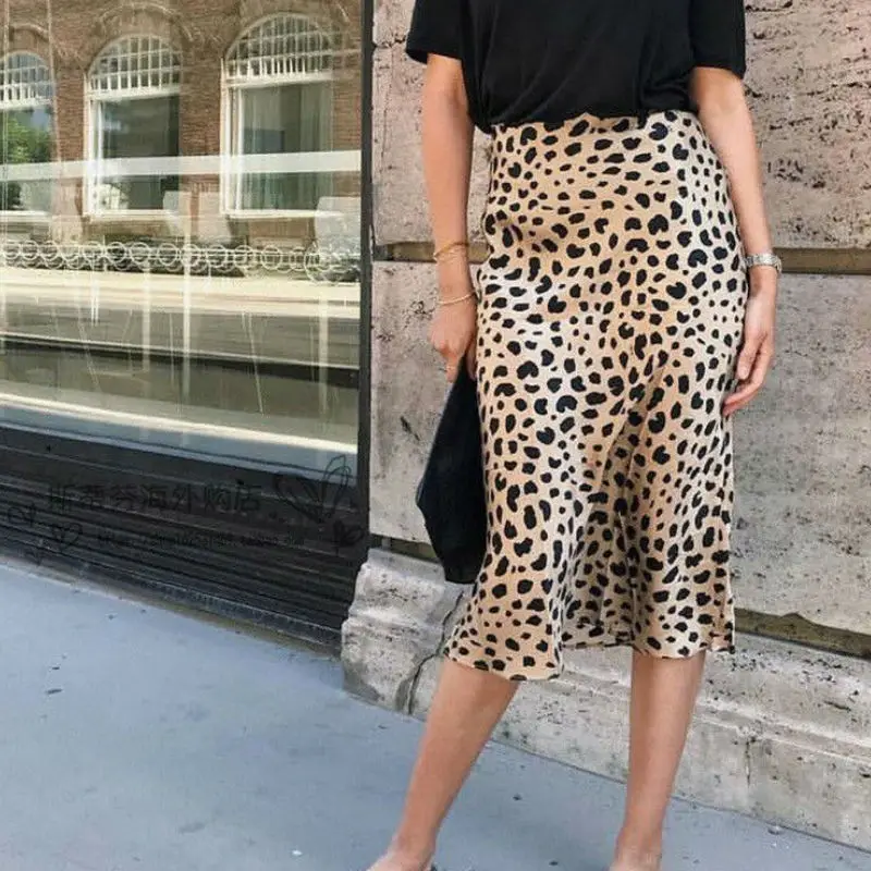 

Vintage High Waist Midi Skirts Elegant Leopard Pattern Women Skirt