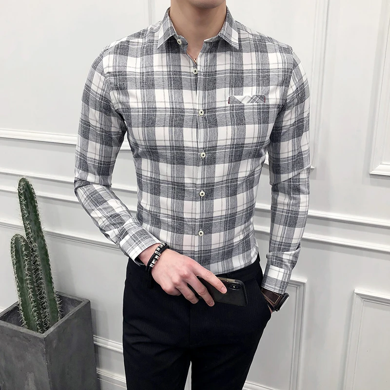 Plaid Shirts Men Casual Shirt Long Sleeve 85% Polyester 15% Rayon Check ...