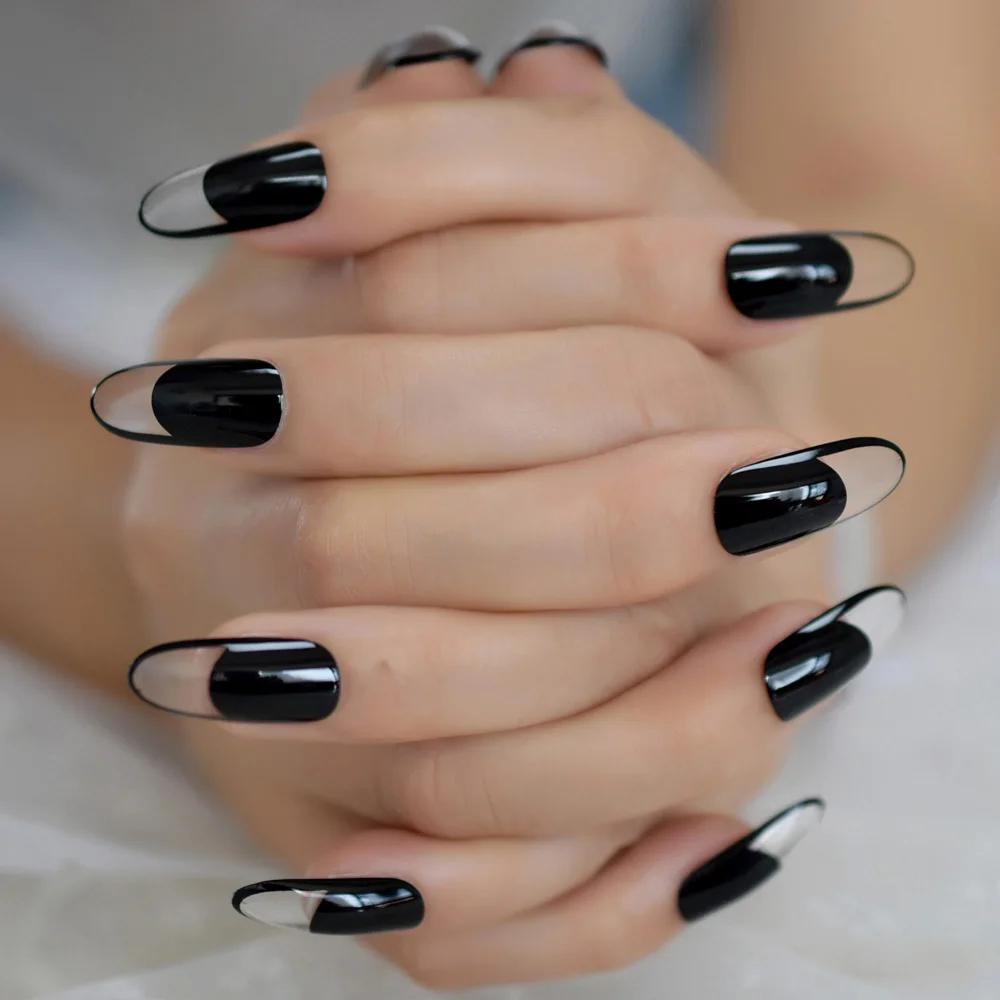 Овальные длинные французские прозрачные ногти Прозрачная черная окантовка полые дизайнерские накладные ногти УФ-гель акриловый модный пресс на ногти