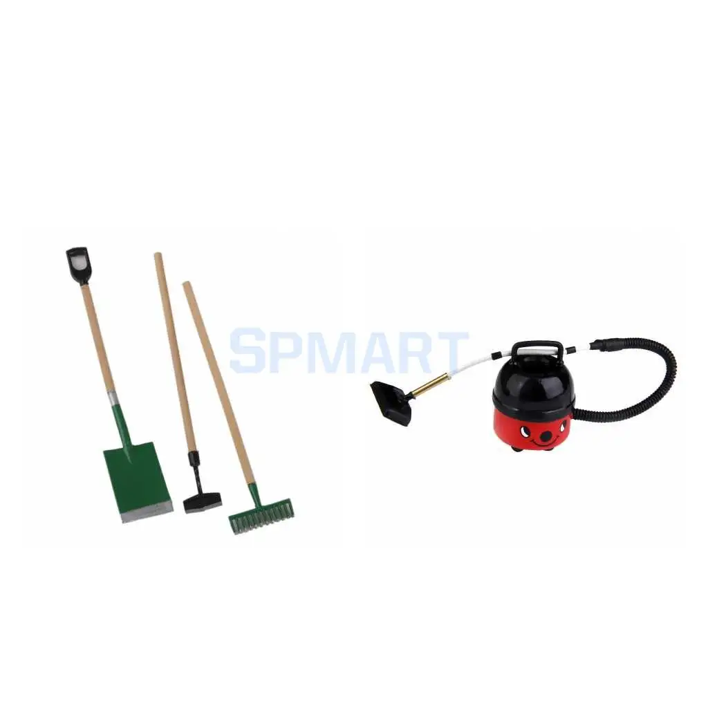 3 Pieces Garden Tools +Cute Red Plastic Vacuum Cleaner for 1/2 Doll House Miniatures Garden Accessories Kids Toy