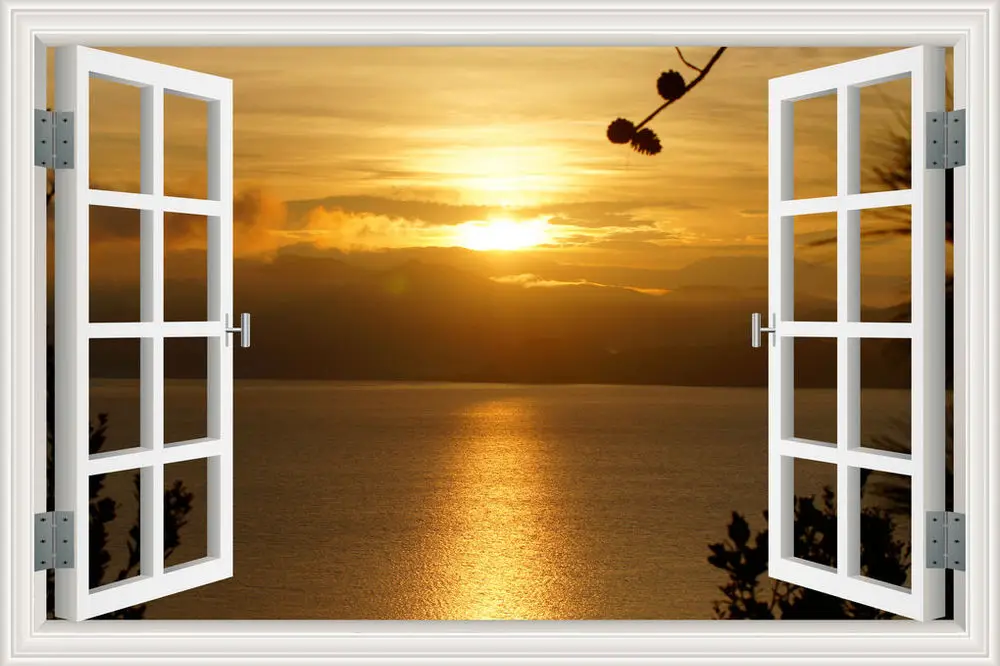 Потрясающие солнечные озера и голубое небо пейзаж Высокое качество 3D Съемный стикер на стену креативный вид окна домашний декор - Цвет: 18