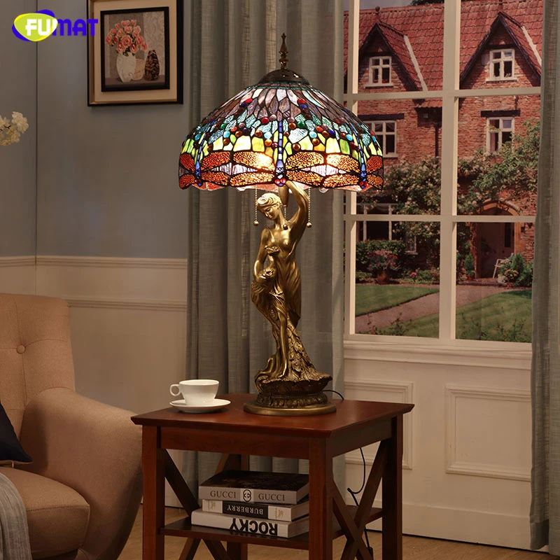 FUMAT European Style Pastoral Table Lamps Vintage Creative Art Stained