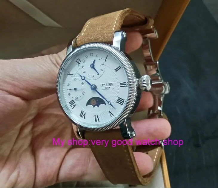 

butterfly buckle 44mm PARNIS Moon Phase Mechanical Hand Wind movement men's watch Multi-function Mechanical watches gd266A