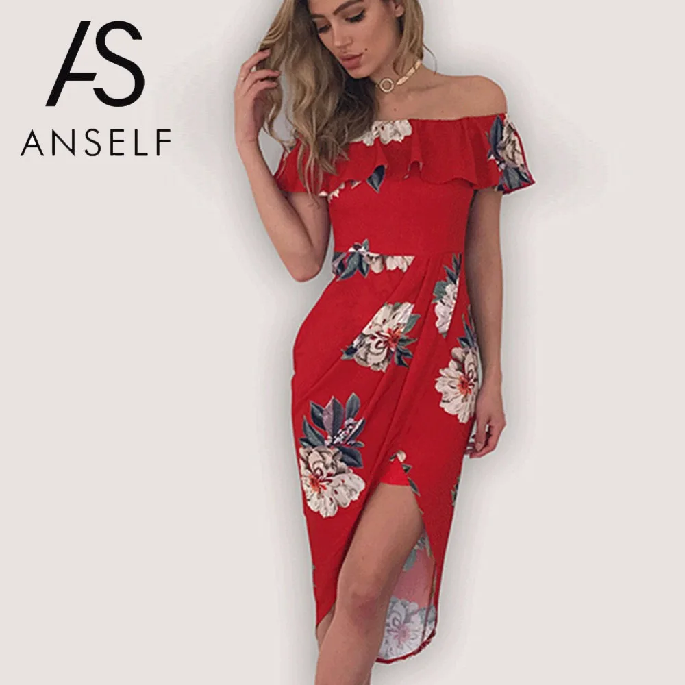 

Anself 2019 Off Shoulder Ruffle Summer Dress Women Floral Print Beach Dress Sundress Sheath Sexy Bodycon Party Dresses Vestidos