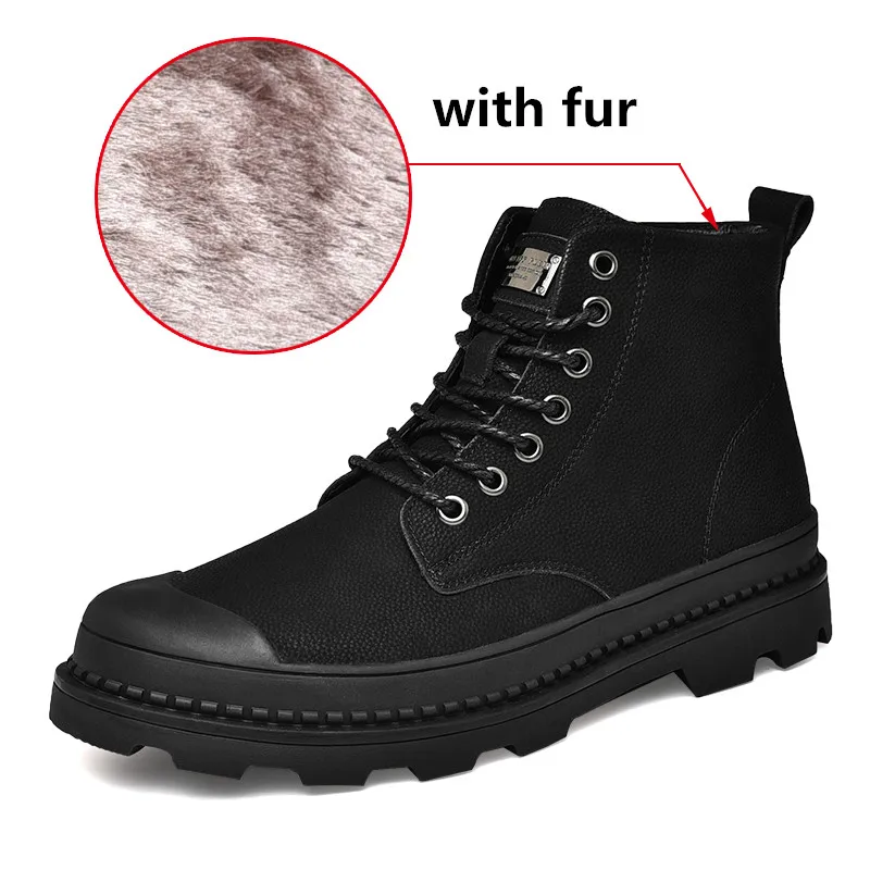 Черные Теплые зимние мужские ботинки ботильоны из натуральной кожи Мужская зимняя рабочая обувь мужские зимние ботинки на меху в Военном Стиле, Botas JKPUDUN - Цвет: Black with Fur