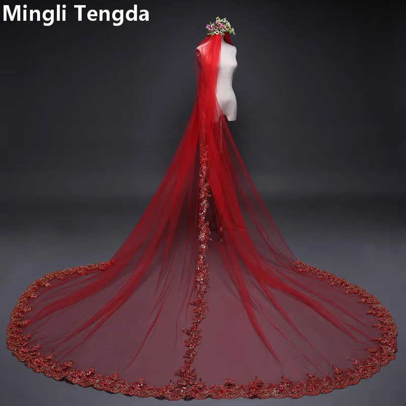 Красная кружевная Фата до пола с блестками, 3 м, Длинная свадебная вуаль, металлическая расческа Mingli Tengda, однослойная, роскошная блестящая вуаль для невесты