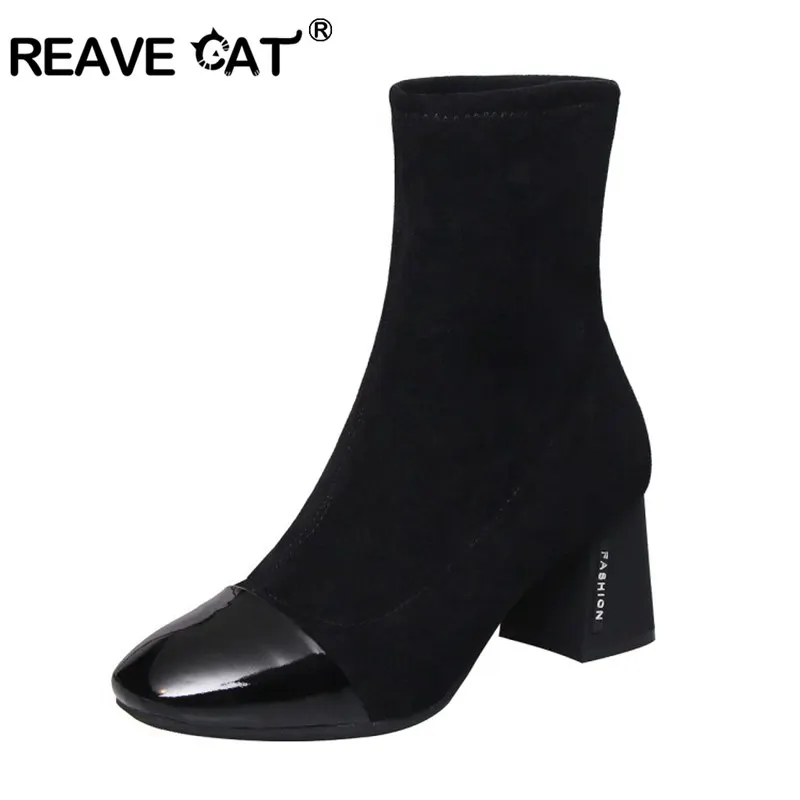 

REAVE CAT 2020 Genuine leather sock boots real suade ankle boots block heel stretch booties Lady party shoes black big size 43