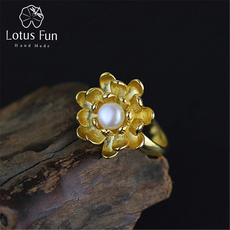 

Lotus Fun Real 925 Sterling Silver Natural Pearl Handmade Designer Fine Jewelry Blooming Lotus Flower Rings for Women Bijoux