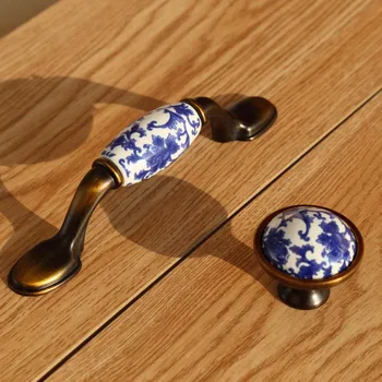 

76mm retro blue and white porcelain dresser kithcen cabinet door handles 3" bronze coffee drawer tv table knobs pulls handles