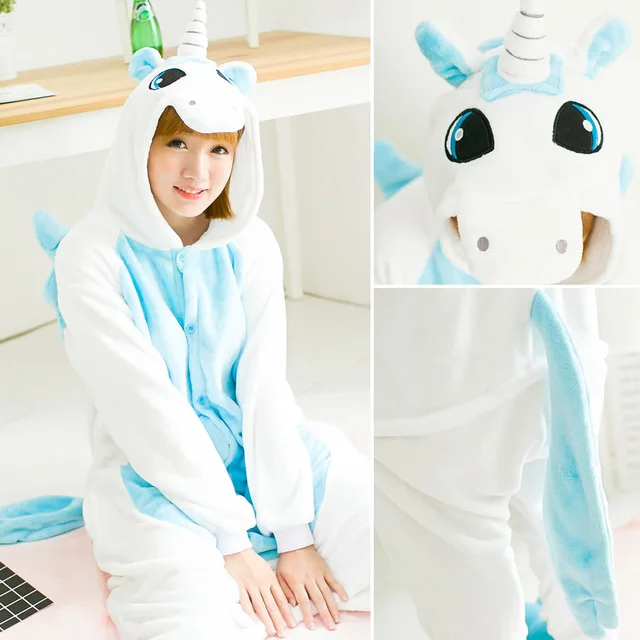 Women Unicorn Pajamas Sets Flannel Cute Animal Pajamas kits Women Winter unicornio Nightie Pyjamas Sleepwear Homewear - Цвет: blue unicorn