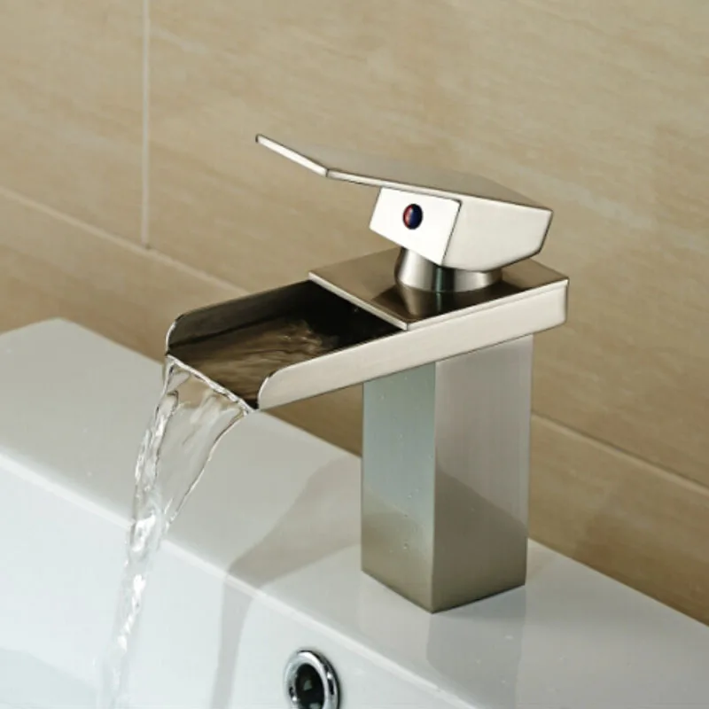 Free Shipping Deck Mount Single Handle Waterfall Brushed Nickel Basin Faucet Single Hole Hot Cold Water