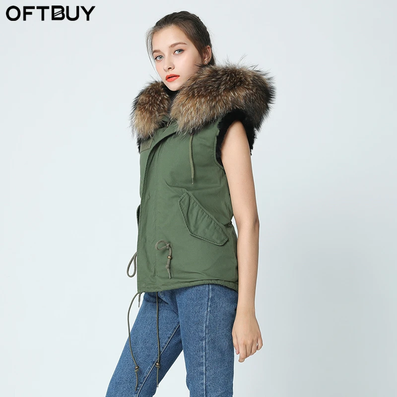 Женский жилет с большим капюшоном OFTBUY зеленая куртка отороченным натуральным