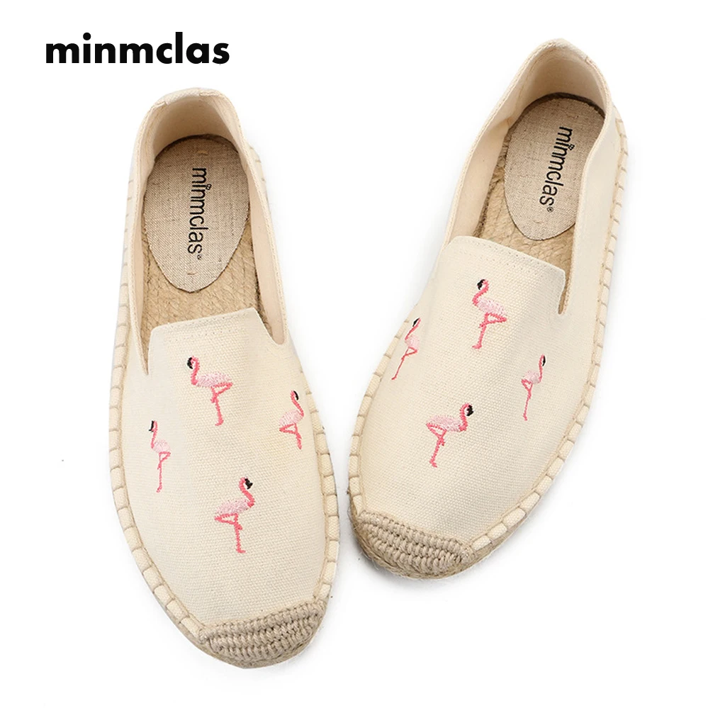 

2018 New Fashion Embroidery Flamingos Comfortable Ladies Womens Casual Espadrilles Shoes Breathable Flax Hemp Canvas for Girls