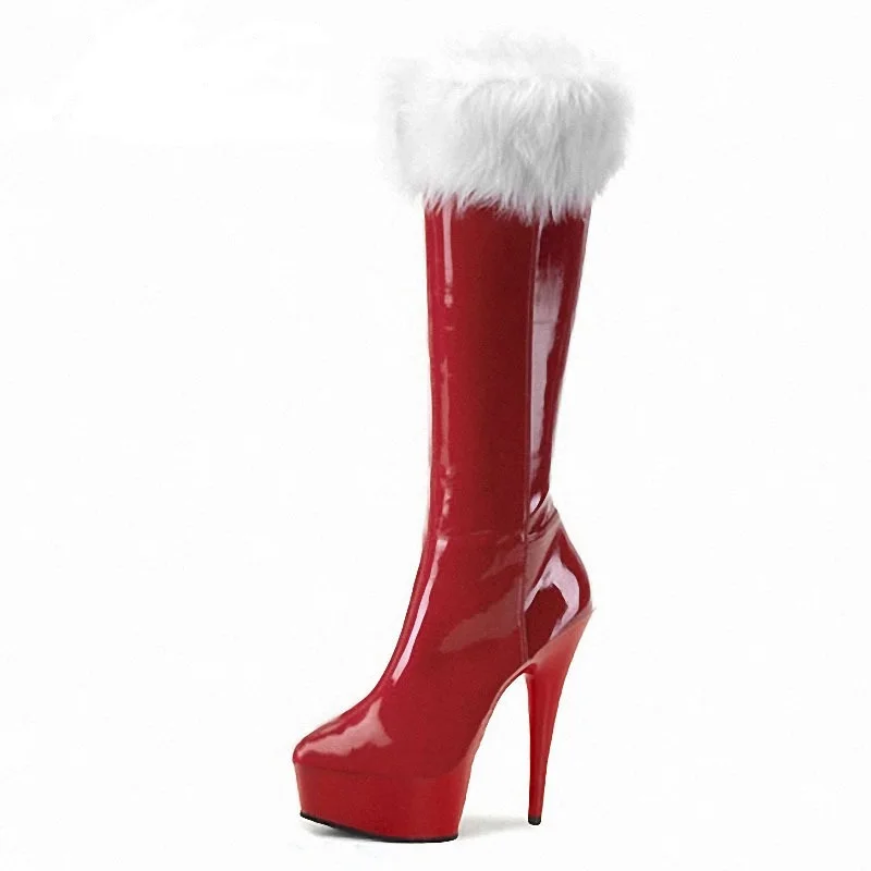 

Christmas red high boots, Christmas fashion show high heel boots, 15cm high heel knee ladies boots