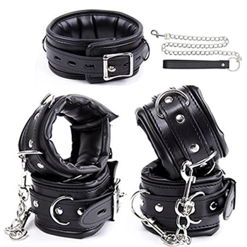 PU Leather Padded Wrist Cuffs & Ankle Cuffs & Neck Collar Set ,BDSM Leather Bondage ,Cosplay Accessories 1