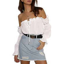New Women Tops Blouse Autumn One-neck Tie with Lantern Sleeves Shirt Women Off Shoulder Top Long Sleeve White Blouse Ladies Tops