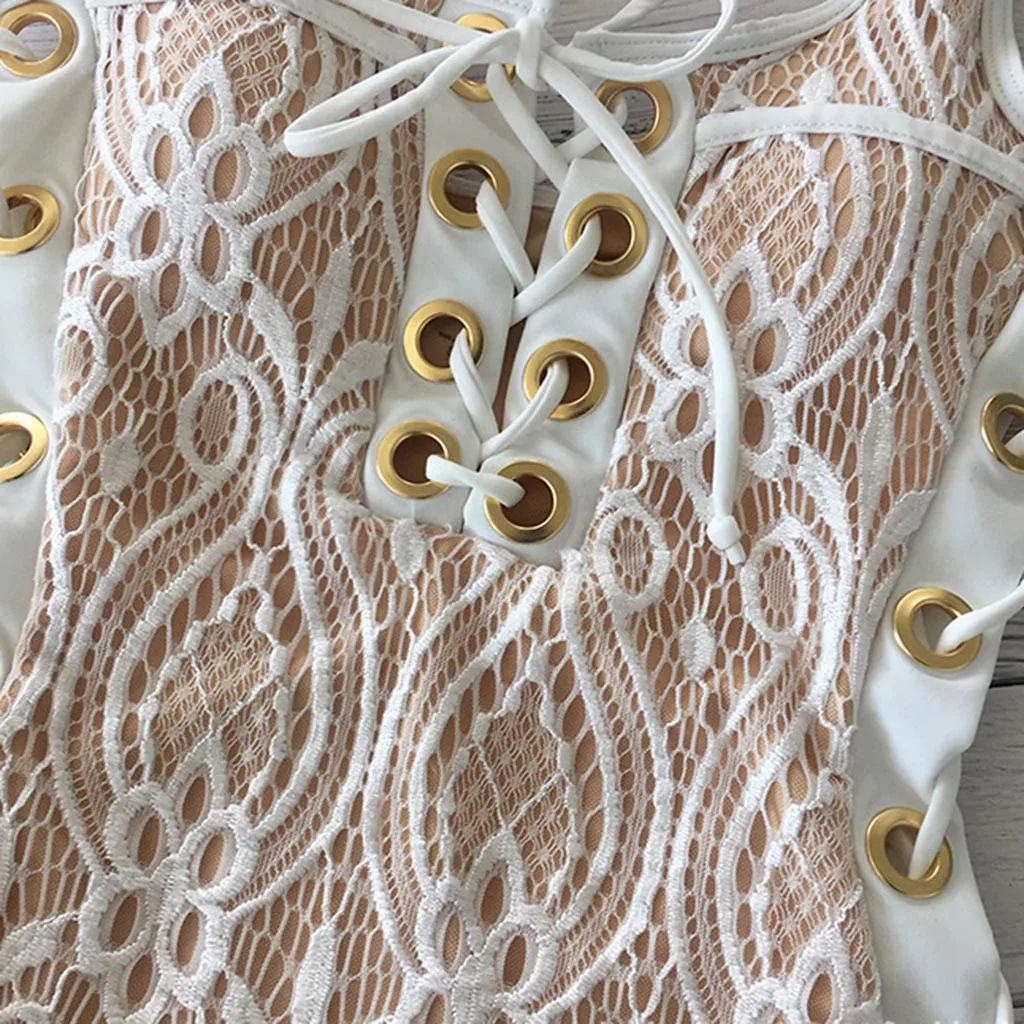 2019 Solid Lace Bandage One Pieces Swimsuit Lace Up Hollow Strap Swimwear Women Swimsuit Swim Suit Beachwear Maillot De Bain
