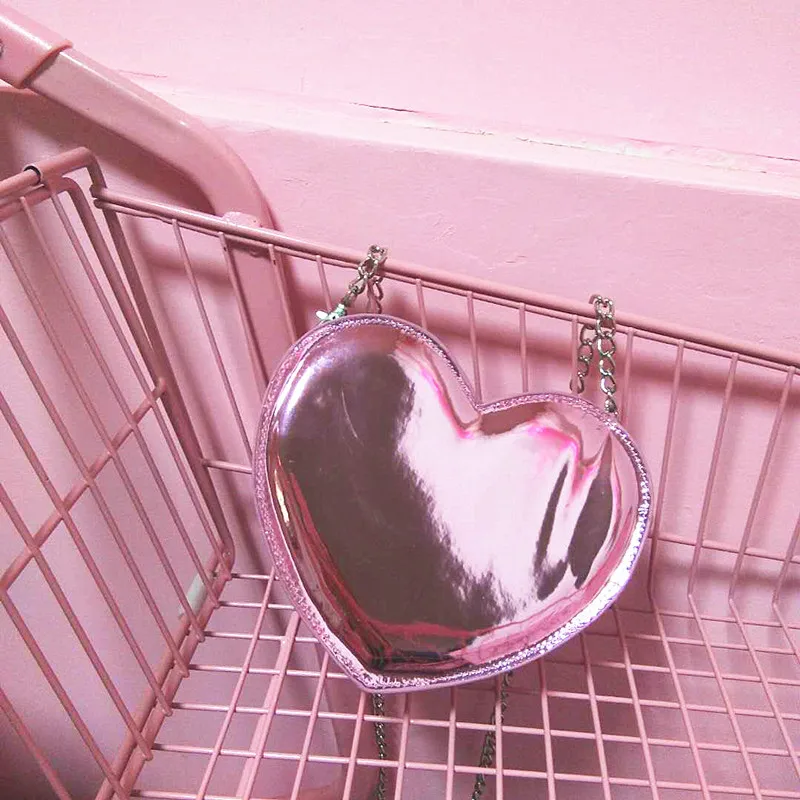 

Jelly Chic Love Chain Women Shoulder Bag Girl Pink Cute Summer Reflection Laser Heart Small Messenger Bag Handbags Designer