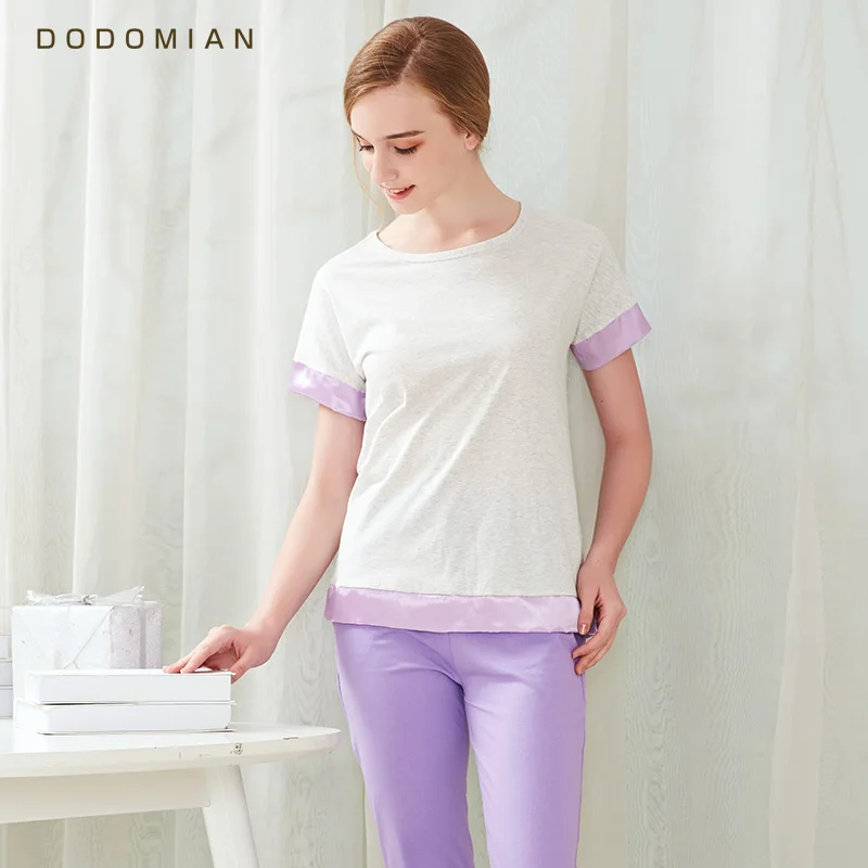 

Hot Casual Women Pajamas Set Simple solid color O-Neck Short sleeve Pyjamas For Women Summer Nightwear Quality Cotton Sleep Suit