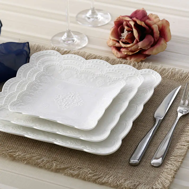 

Modern Style Elegant Engraving Bone China Dessert & Fruit Plates Set (3 pcs) with Lace Pattern for Dinner Party / Buffet