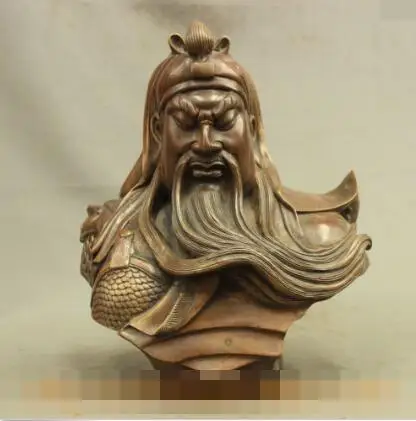 

S01214 17" Folk Chinese Bronze Culture Lion Dragon Warrior Guan Gong GuanYu Head Statue