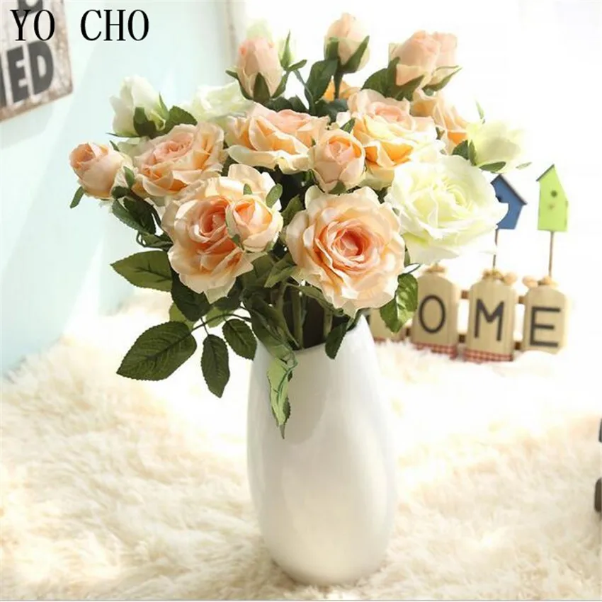 

YO CHO Wedding Decoration Artificial Rose Flowers Silk Fake Eustoma Fleurs Plush Hogar Christmas 8 Colours Plants Home Plantas