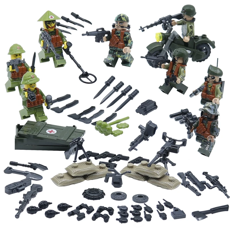 

WW2 Vietnam war American soldiers brickmania minifigs building block world war army forces figures gun motorcycle bricks toys