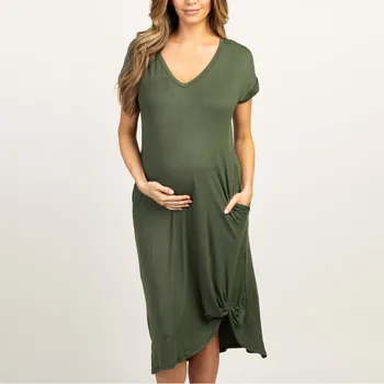 

Women's Pregnancy Dress Fashion Maternity Pockets V Neck Loose Dresses Maternity Gown 2019 Ropa Premama Embarazadas