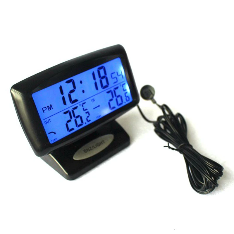 Car Auto Inside Outside Temperature Thermometer Monitor 12V Alarm Clock LCD Digital Tool 