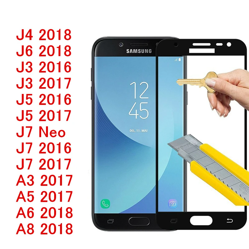 Полное покрытие, закаленное стекло для samsung Galaxy J4 J6 A6 A8, Защита экрана для Galaxy J3 J5 J7 NEO CORE A3 A5 Sklo